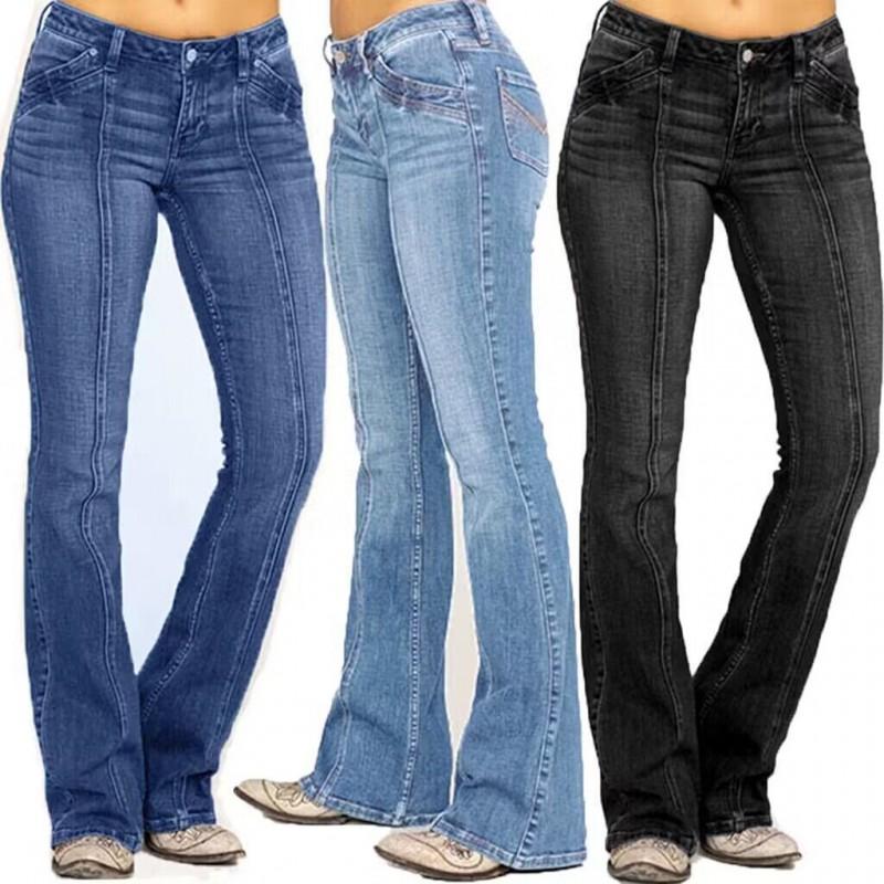 Womens Low Rise Distressed Flared Denim Pants Casual Vintage Style Jeans
