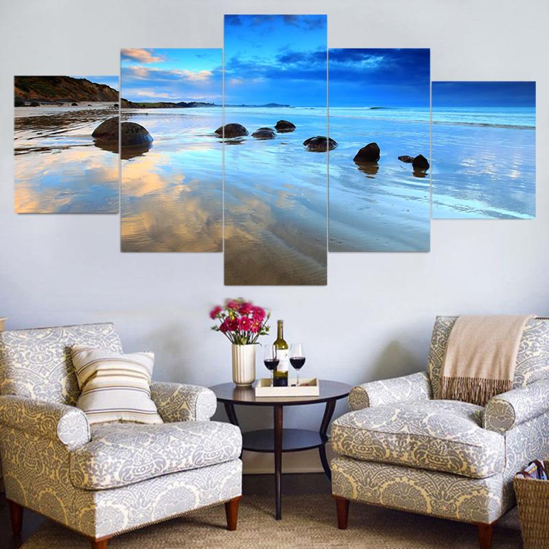 5 панелей Морской пейзаж Морской большой круглый камень Красочное небо Холст Картина Плакаты и принты Настенная картина Домашний декор без рамки
