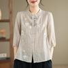 Stand-up Collar Buckle Top Retro Embroidered Shirt Women's Summer New Seven-quarter Sleeve Cotton and Linen Top