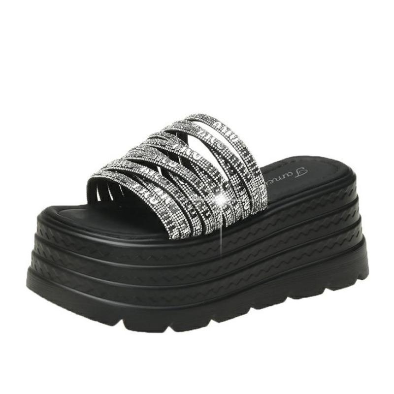 Модные 8 см Повседневные танкетки Женские Новые Летние Нескользящие Сандалии на платформе Блестящие С открытым носком Удобные Женские Массивные Пляжные Шлепанцы