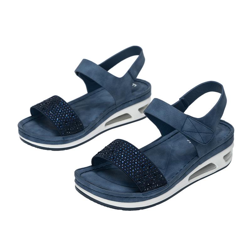 Повседневные сандалии женские 2024 новые, на танкетке, на подошве с воздушной подушкой, сандалии со стразами, женская обувь, сандалии, средний каблук (3см-5см)  Взрослый твердый