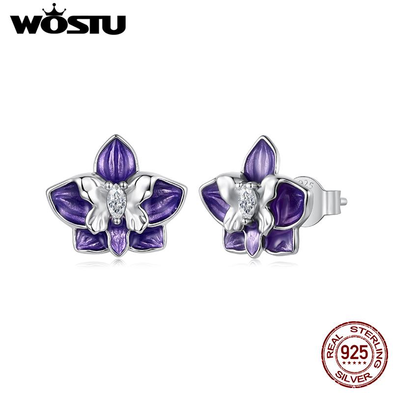 WOSTU 925 Sterling Silver Purple Orchid Flower Ear Studs Butterfly Stud Earrings For Women Original fine jewelry gift For mom