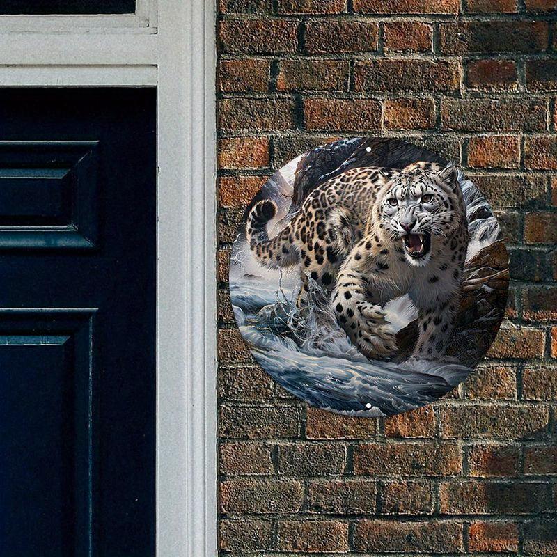 Round Wooden Snow Leopard Art Sign, Waterproof HD Print, Pre-Drilled Wooden Wall Decor, Decorative Wall Poster, 8in, 11.8in, 1PC