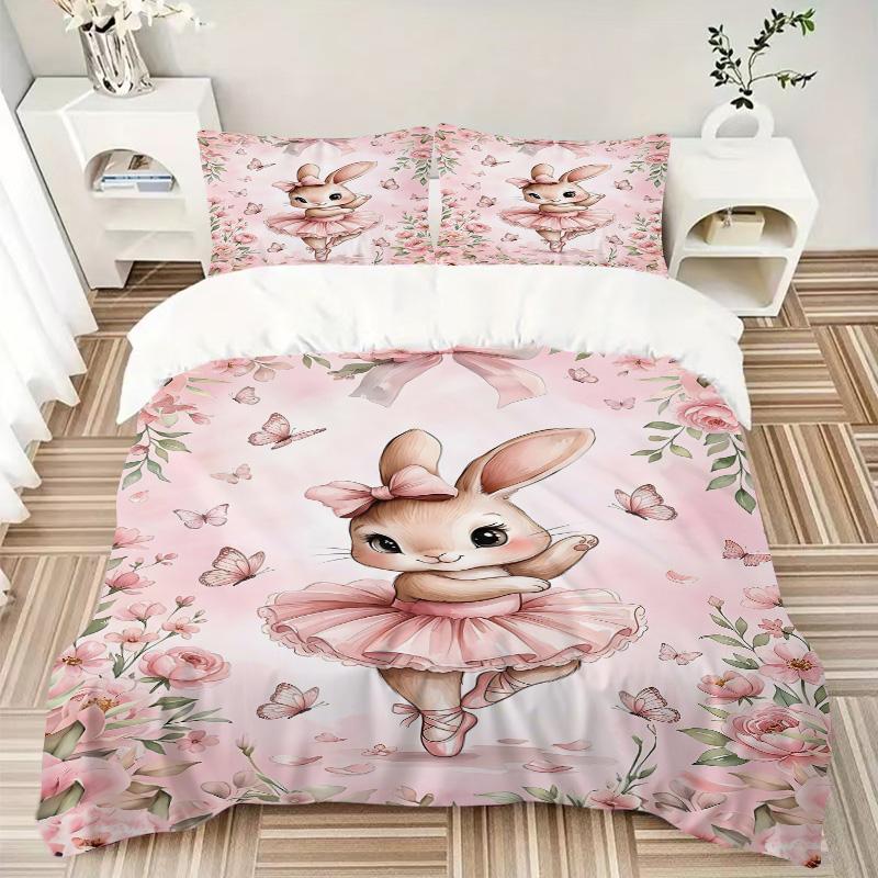 Bunny Ballerina Pink Flowers Print 3Pcs Bedding Setduvet Cover With 2 Bedropillowcase Home Birthday Gift