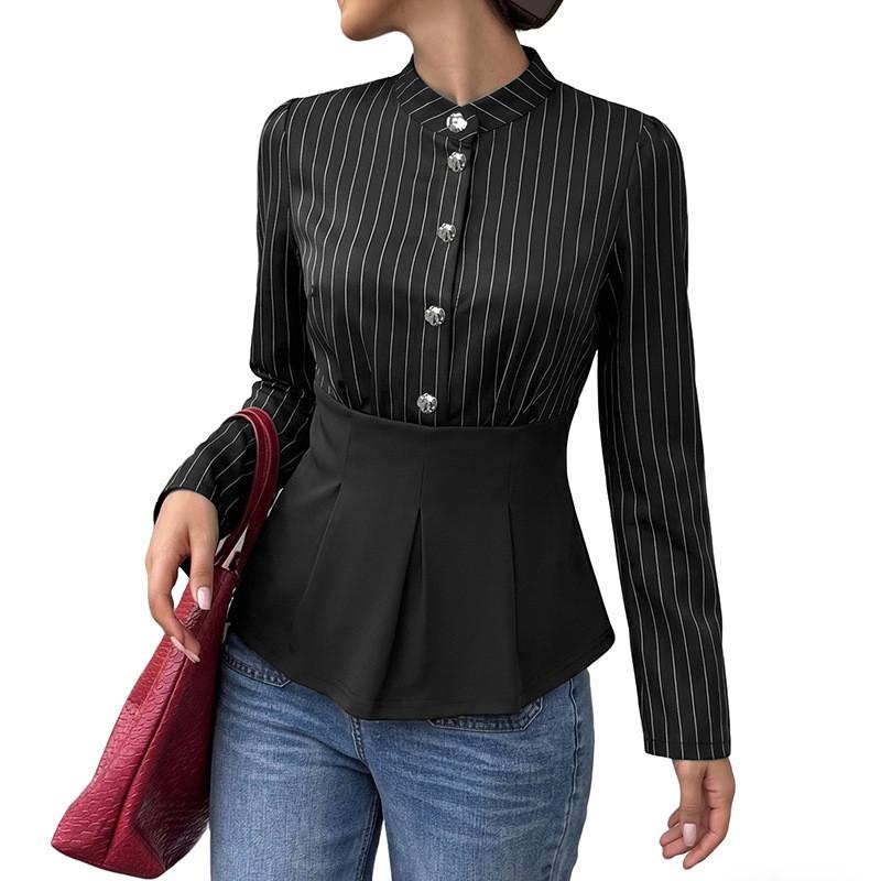 Womens Elegant Striped Wrap Waist Blouse Long Sleeve Office Shirt Slim Fit Professional Workwear 2026 Fall