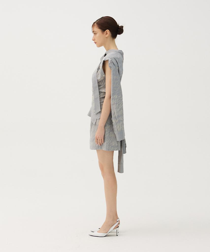 Meuameu Denim Stitch Off-Sleeve Tied Shirt