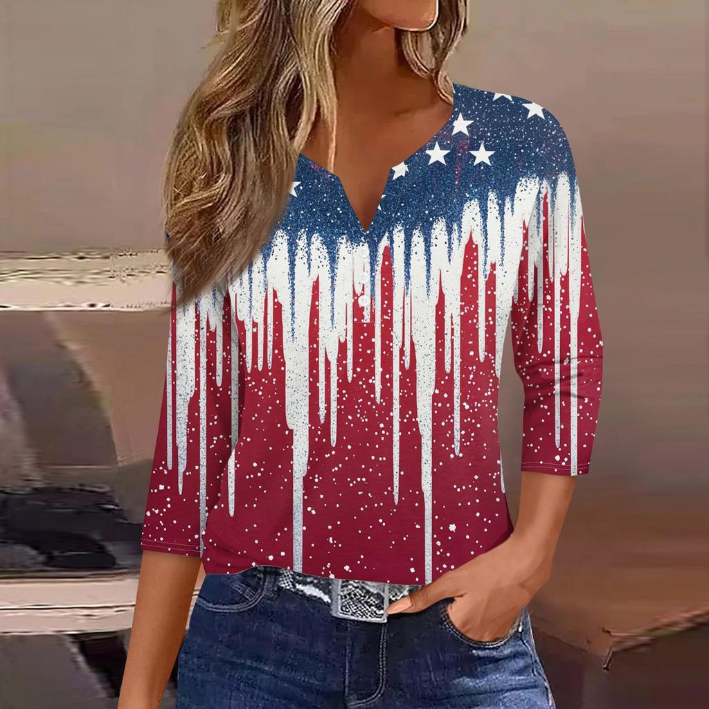 Women's T Shirt Print Button 3/4 Sleeve Daily Weekend Fashion Basic V- Neck Regular Top