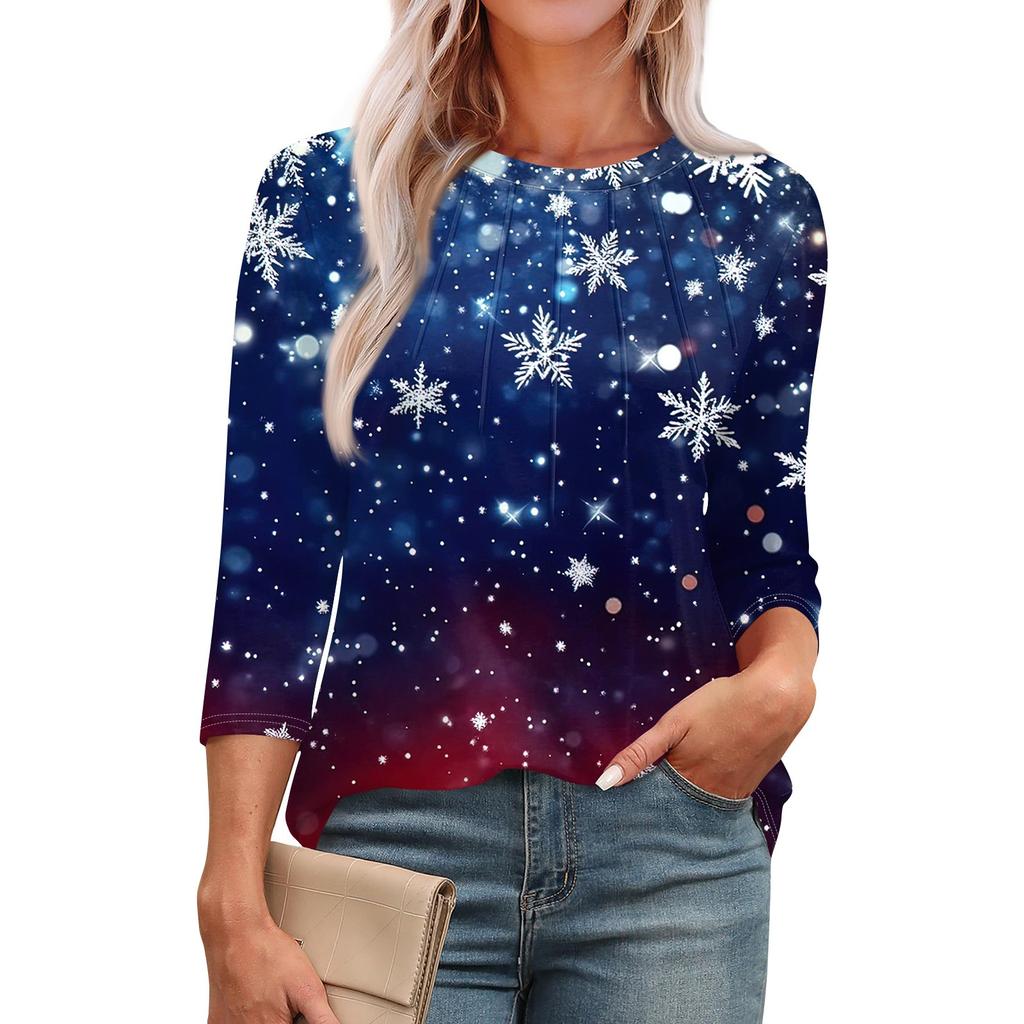 Женская модная футболка с круглым вырезом и рукавом 3/4 с рождественскими принтами, повседневная базовая плиссированная футболка-пуловер