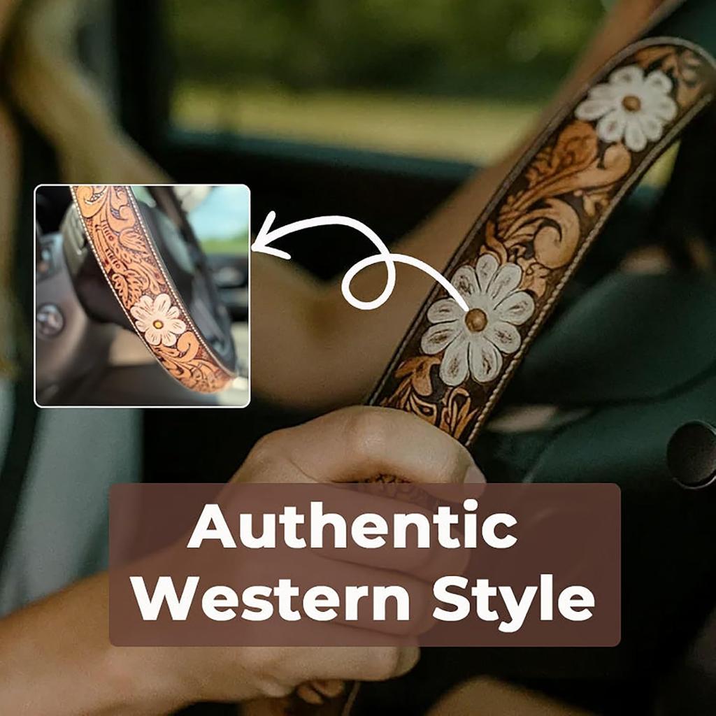 Retro Western Cowboy Car Universal Steering Wheel Cover – Embossed Leather 14.5-15 Inch Anti-Slip Car Accessory For Trucks SUVs Cars – Boho