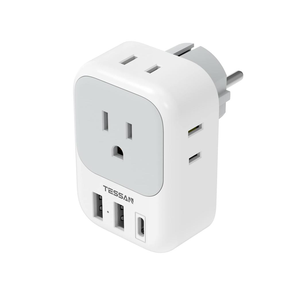 TESSAN Conversion Plug Korea SE Type Outlet Converter 4 AC Outlets 1 Port 2 Port Compatible with Spain Europe and Other Countries USB-C USB-A Germany,