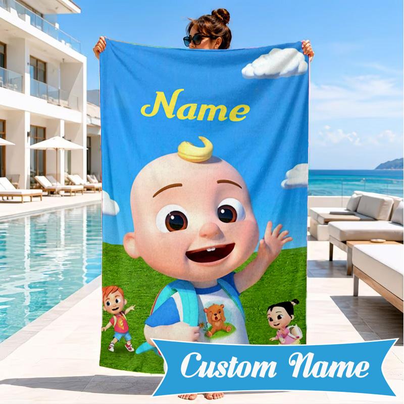 Custom Name Coco-melon Happy Journey Beach Towel Microfiber Beach Towel, Lightweight and Quick-Dry, for Summer Travel, Swimming Pool Gift