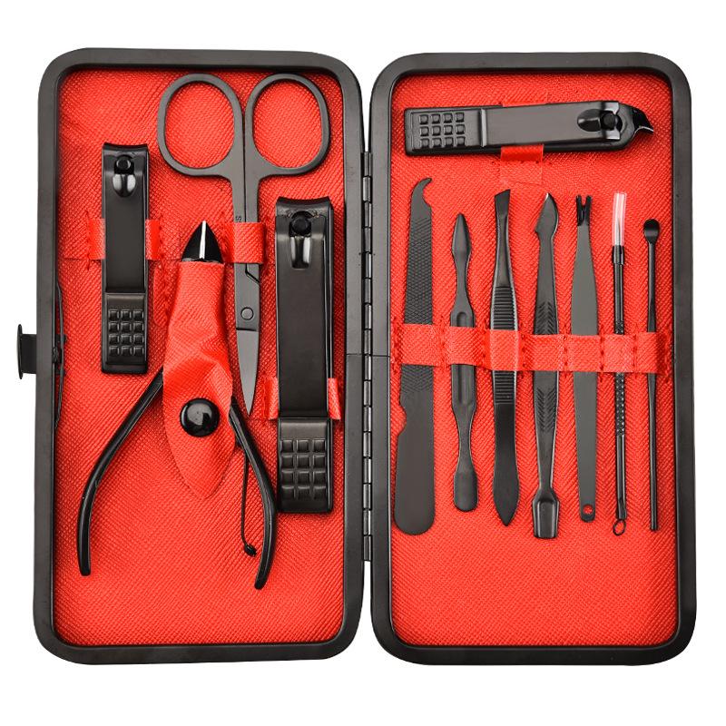 Red 18/15/12/7 Pcs Stainless Steel Black Nail Clipper Grooming Kit With Leather Travel Case Manicure Set