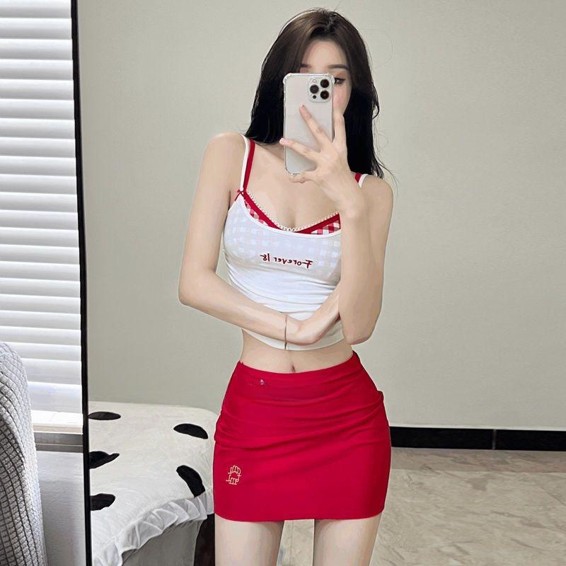 Summer Sexy Slim Sling Sleeveless Set Dress Women Korean Fashion Skinny Plaid Thin Tops Female + Aesthetic Y2k Solid Dresses New