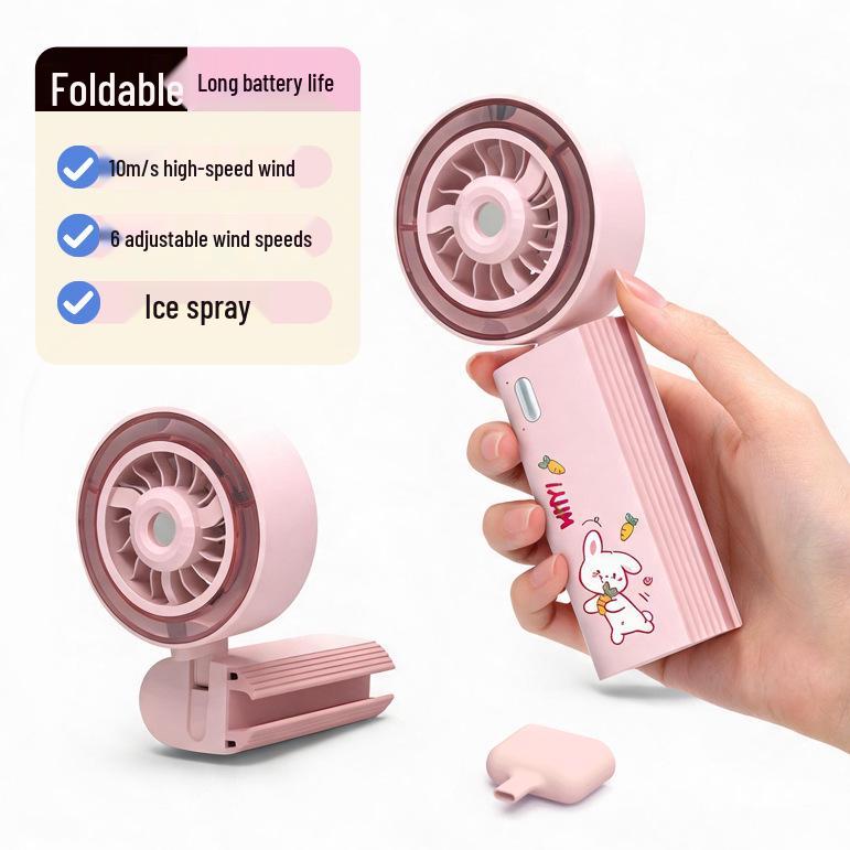 Cartoon Portable 6-Speed USB Rechargeable Handheld Folding Fan with Clip and Ultra-Fast Spray