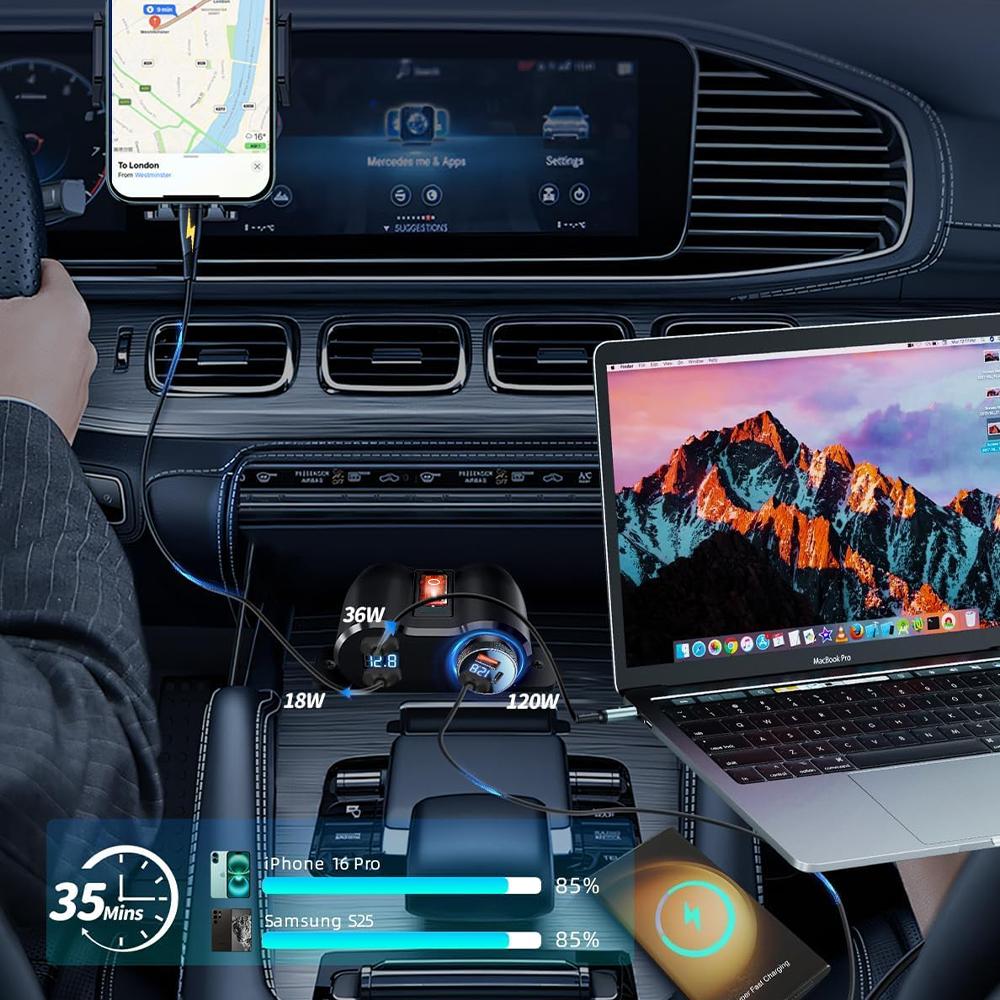 Автомобильное зарядное устройство USB от прикуривателя PD QC3.0 Двойное 2.1A Дисплей напряжения RV Лодка Автомобиль Apple Huawei Xiaomi Мобильный телефон Быстрая зарядка