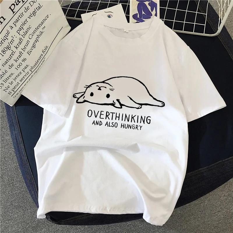 Хлопковые Топы Графичные Рок-Топы Футболки Простой Рисунок Кистью Кошка Футболка Харадзюку Винтажные Топы