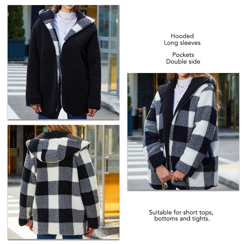 Plaid Plush Coat Open Front Loose Fitted Pocket Hoodie Double Side Plush Coat for Daily Life Black