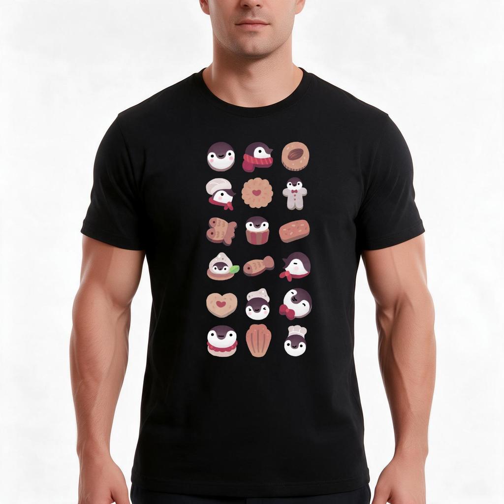 Cookie cream penguin brownpattern TShirt Summer Casual Cotton Tee Oversized Streetwear Tops Vintage Graphic Print