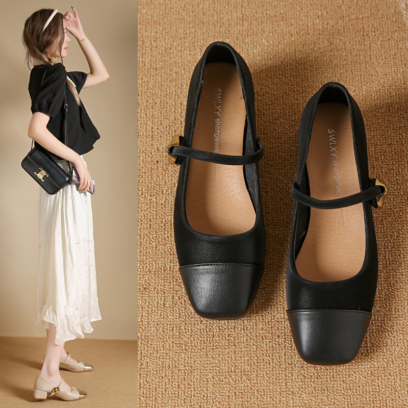 New Woman Sweet Square Toe Low Heels Lolita Shoes Female Cute Classical Ballet Flats Lady Leather Buckle Stap Mary Janes Shoes