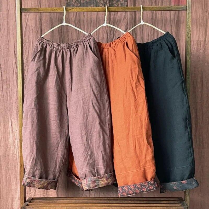 Johnature Женские винтажные льняные брюки с эластичной резинкой на талии плюс хлопковые теплые зимние брюки, однотонные свободные длинные брюки с карманами