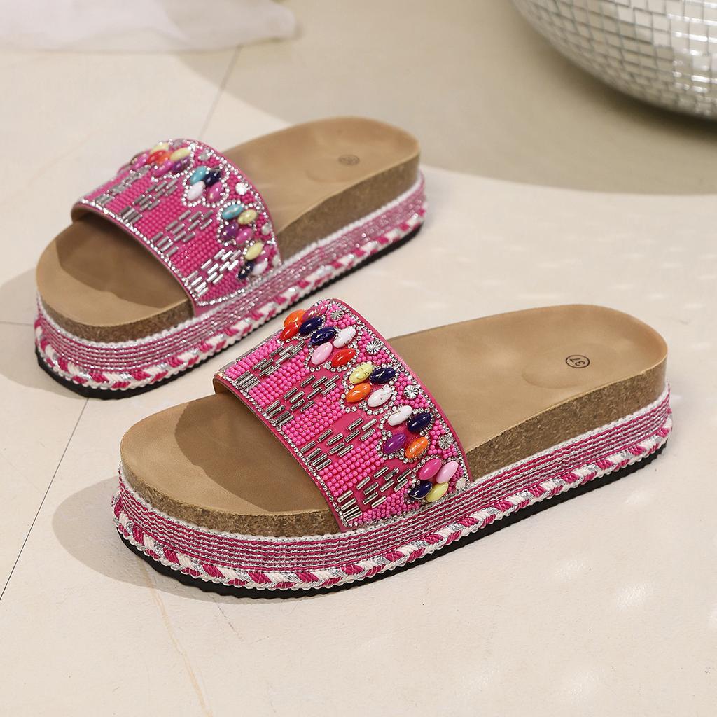 Fashion Ethnic Style Colorful Beaded Flat Slippers for Women 2025 Summer Beach Vacation Sandals Woman Plus Size Non Slip Outdoor Slides