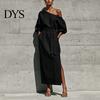 Daily Wear Dress Women One Shoulder Long Dress, Solid Color Tie Waist Side Split Everyday Dresses Casual Party Sleeve Maxi for Summer Office