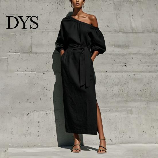 Daily Wear Dress Women One Shoulder Long Dress, Solid Color Tie Waist Side Split Everyday Dresses Casual Party Sleeve Maxi for Summer Office