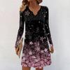 Women's Long-sleeved Casual Midi Dresses V-Neck Print  Casual Dress