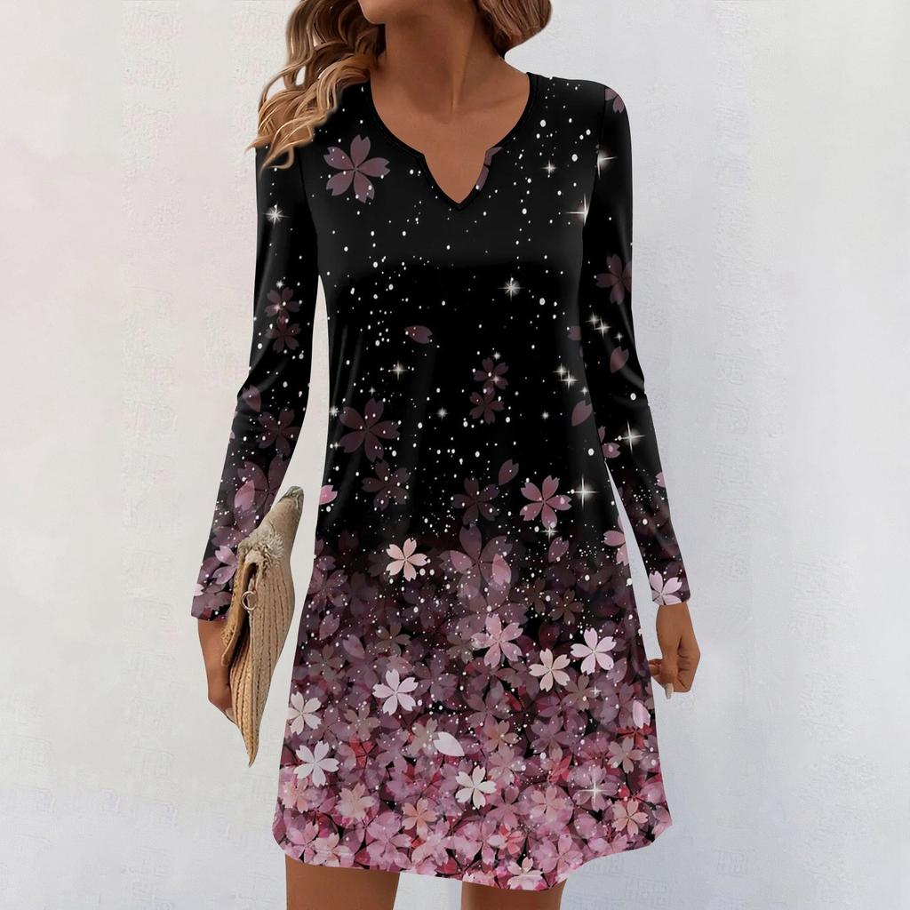 Women's Long-sleeved Casual Midi Dresses V-Neck Print Casual Dress
