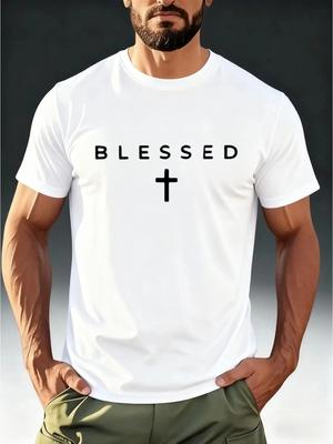 Мужская футболка BLESSED Faith с принтом креста и благословением - Мягкая повседневная одежда с коротким рукавом для церкви