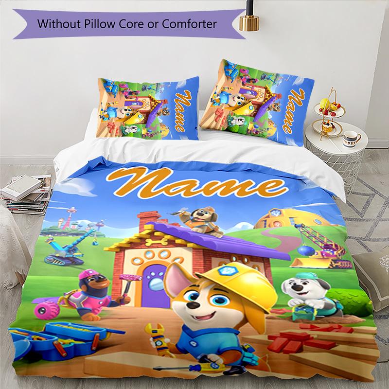 3pcs Pupstruction Cover Set - Personalized Name, HD Printed Bedding with 1 Cover and 2 Pillowcases - Perfect for Home Decor, Easy Care