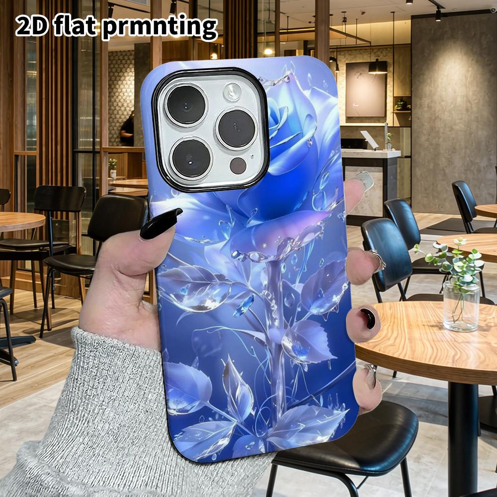 Phone Case: 2D flat design suitable for iPhone 18, 17, 16, 15, 14, 13 Pro film protective case, couple style, crystal blue rose, Christmas and Hallowe