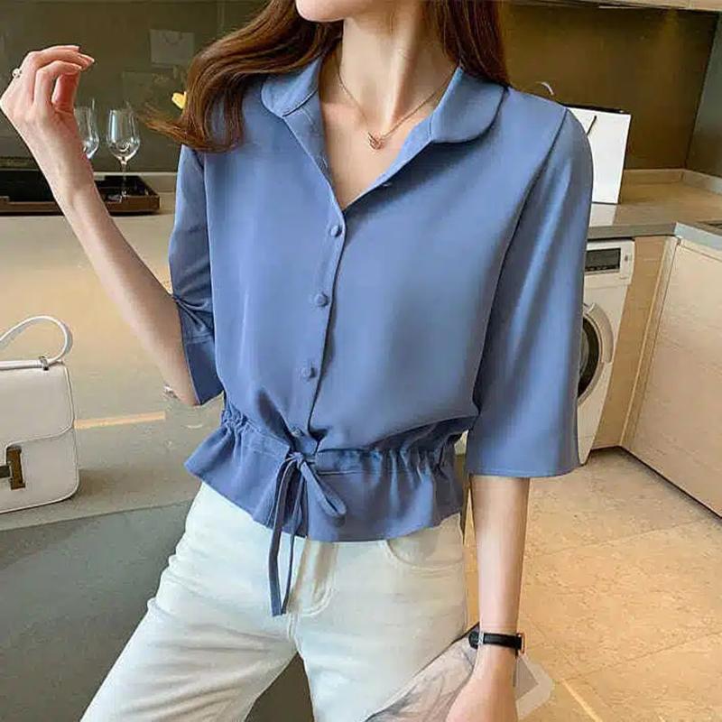 WTEMPO Spring Summer Women's Versatile Solid Color Turn-down Collar Half Sleeve Chiffon Shirts Casual Shirring Single-breasted Blouses