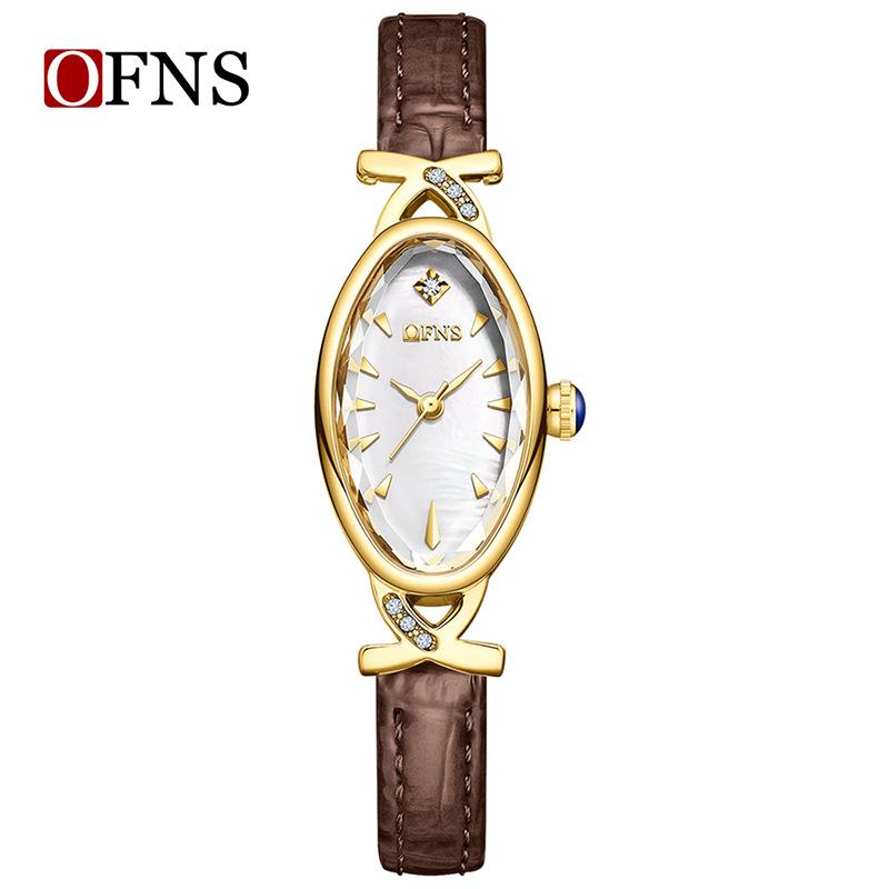 Fashion Ofns Brand Oval Dial Mother of Pearl Women's Quartz Watch, Genuine Leather Strap, Waterproof, Everyday Casual Wristwatch