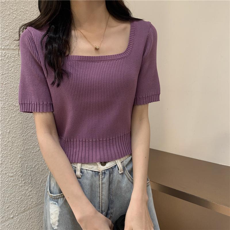 Трикотажная футболка с короткими рукавами для женщин, летняя, новый стиль, квадратный воротник, универсальный однотонный короткий топ, белая внутренняя нижняя часть рубашки