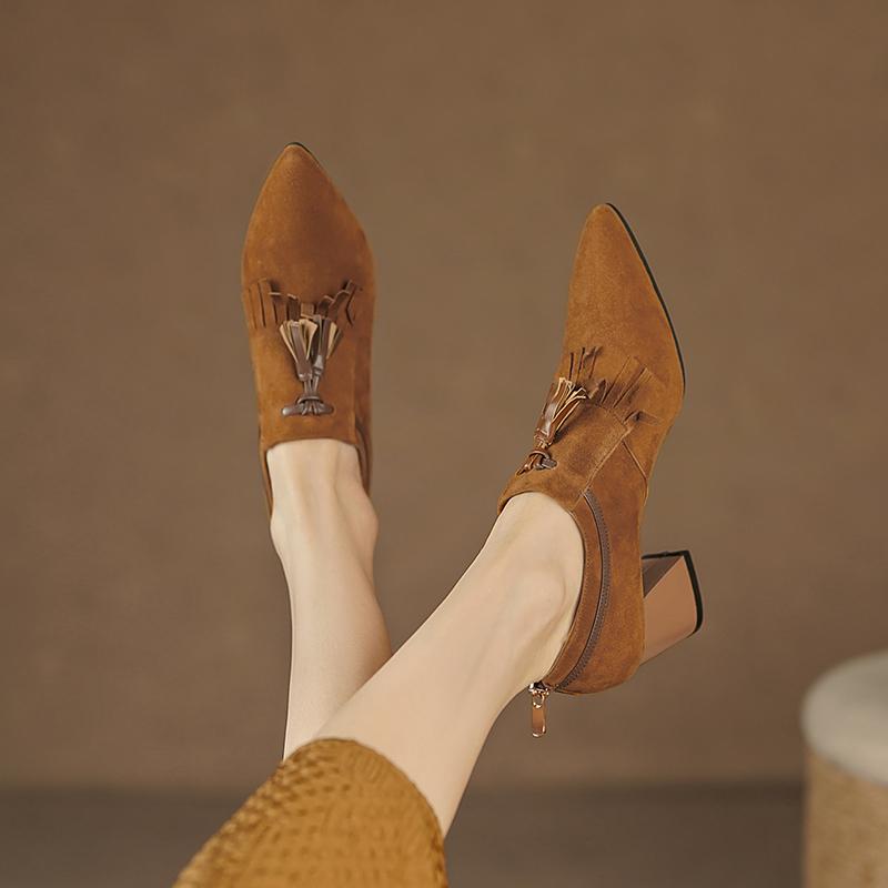 Мода 2025 Весна Женская Обувь Острый Носок Толстый Каблук Женские Туфли Овчина Замша Высокие Каблуки Обувь с Пряжкой-Ремнем для Женщин zapatos de mujer
