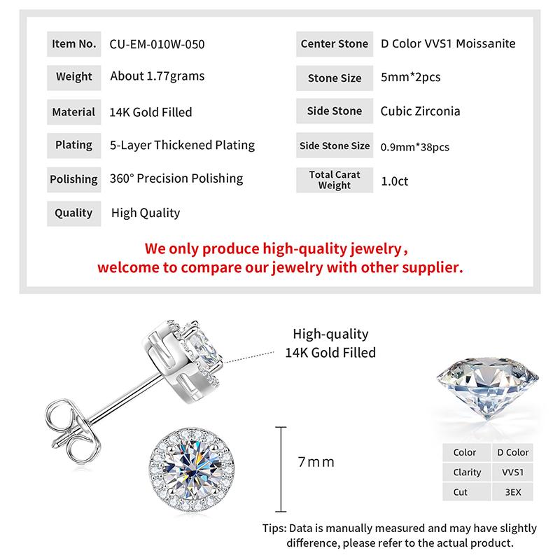 Sparkling Wedding Daily Jewelry Classic Elegant Gold Plated Moissanite Earrings Classic Solitaire Halo Stud Earrings for Women