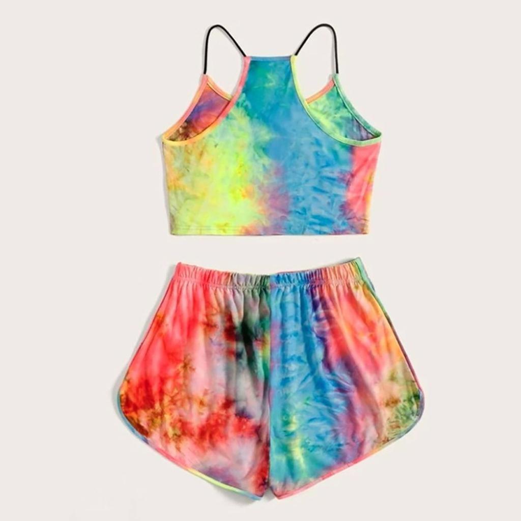 Womens Sleeveless Strappy Short Tie-dye Print Cami Belt Top And Pants Suit