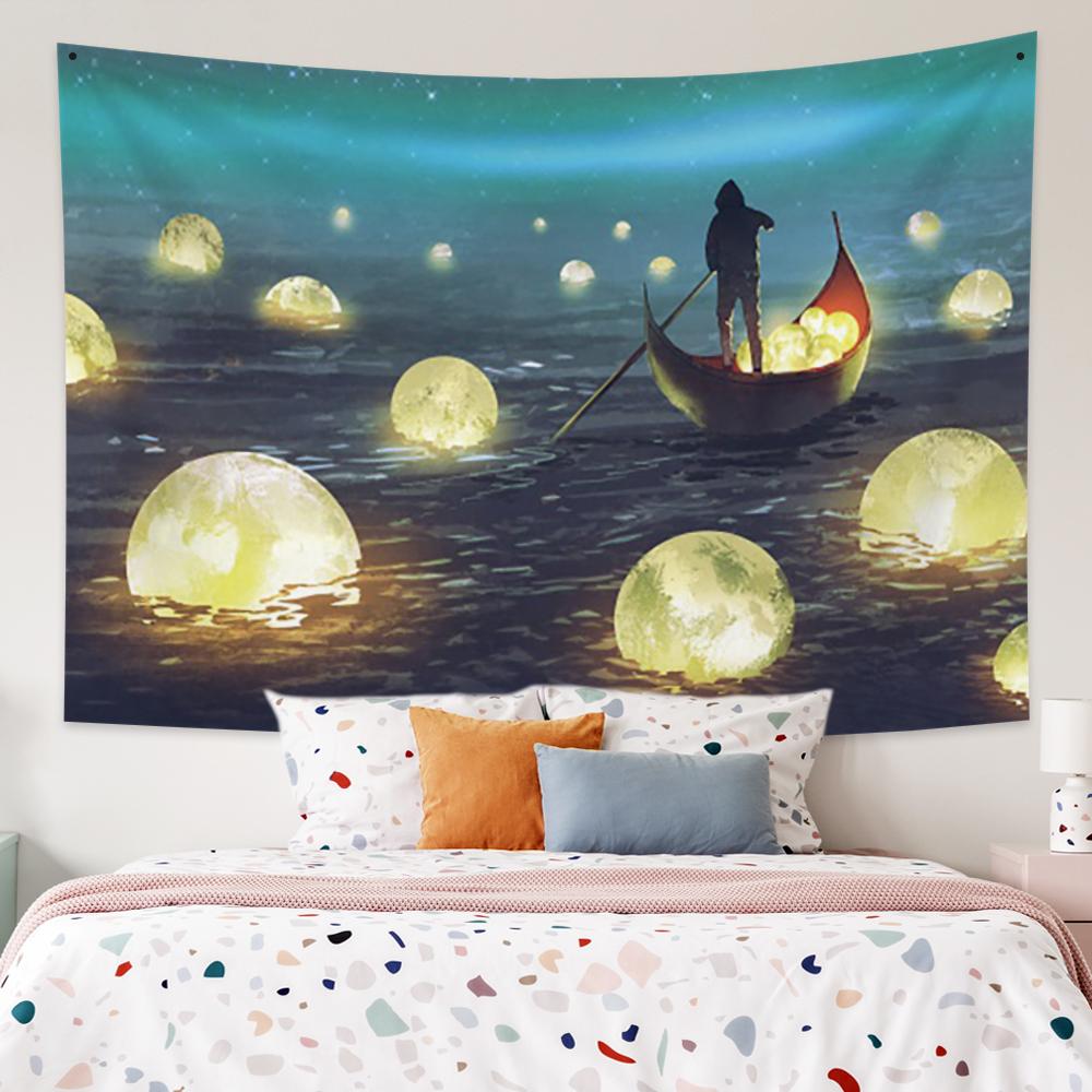 Яркий настенный гобелен с полной луной и звездами, мечтательный ночной вид, гобелен, абстрактный домашний декор, гобелен для спальни, гостиной, общежития