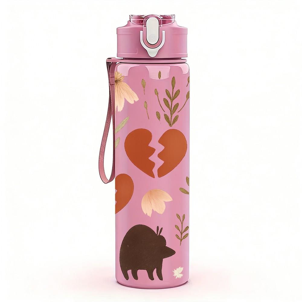 1PC Bear Heart Wild Animal Pattern 750ml Color Plastic Sports Water Bottle Leakproof Flip Straw Lid Suitable for Sports Office Home Use