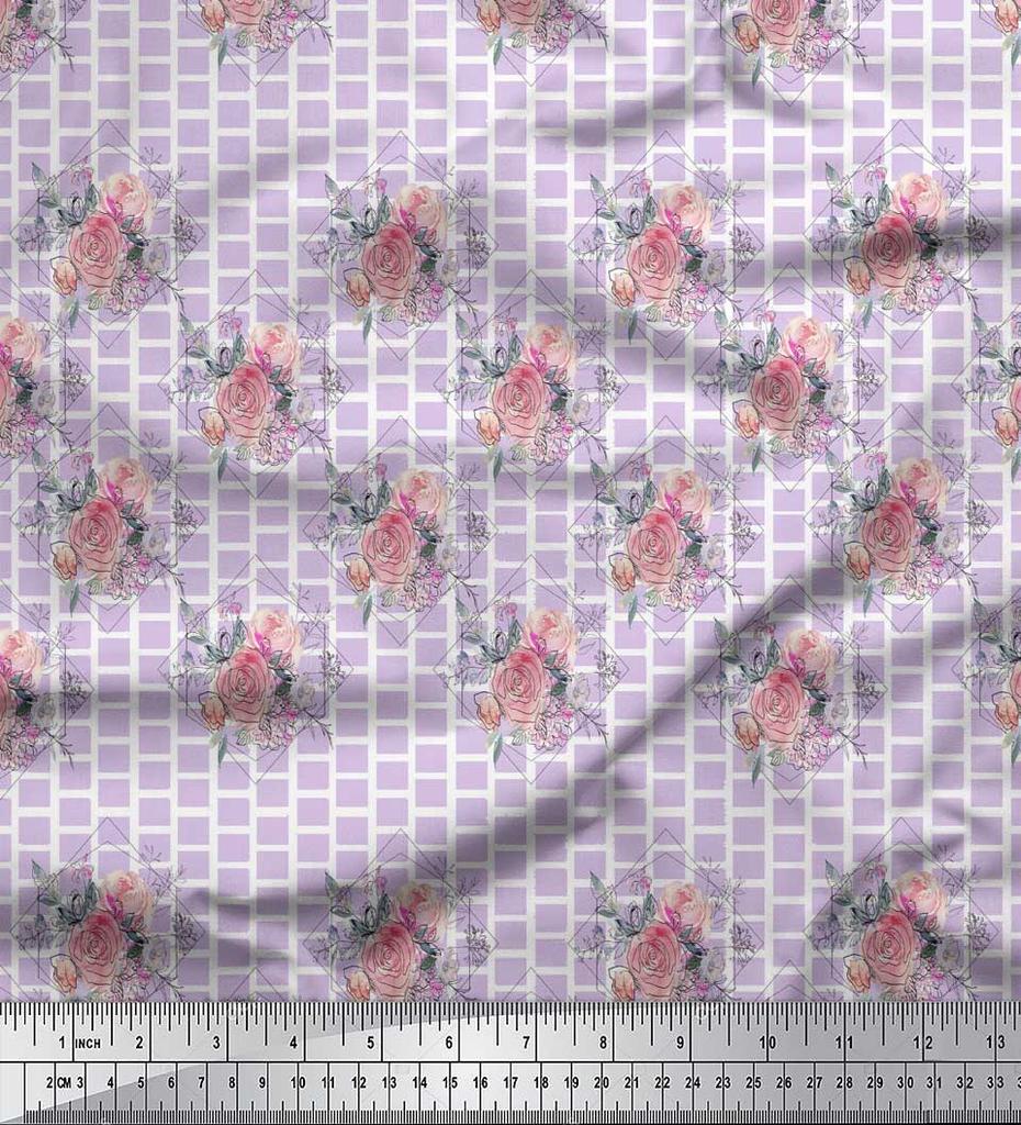 Soimoi Gray Poly Crepe Fabric Square & Rose Floral Print Sewing Fabric metre 42 Inch