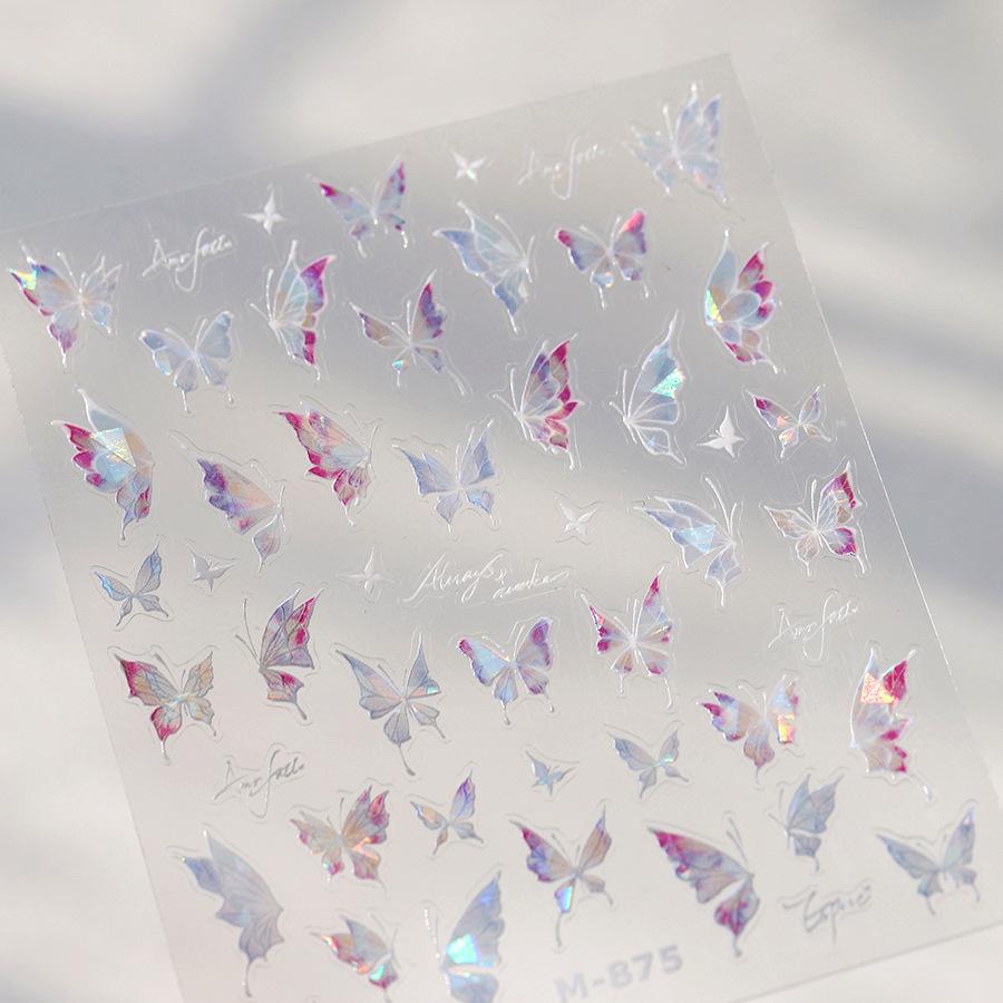 Vigorous Pink Butterfly Gradient Petal Flower Shiny Stars 5D Soft Self Adhesive Nail Art Decoration Sticker Manicure Decal DIY