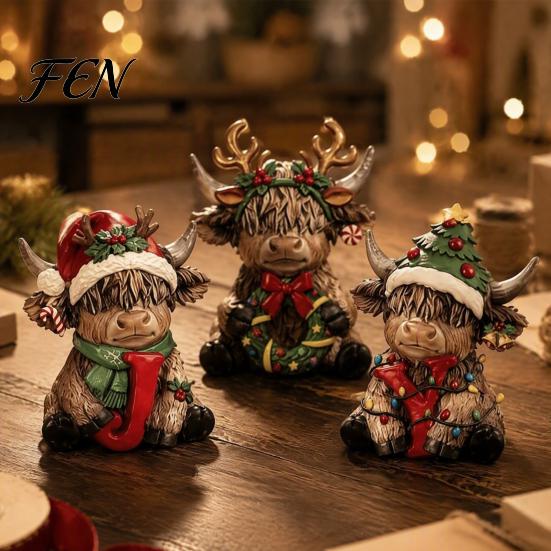 Garland Bow Animal Decor 2/3Pcs Christmas Highland Cow Wooden Tabletop Sign, 2D Flat Yak Ornament Figurine with Hat, Festive Holiday Desktop Hat