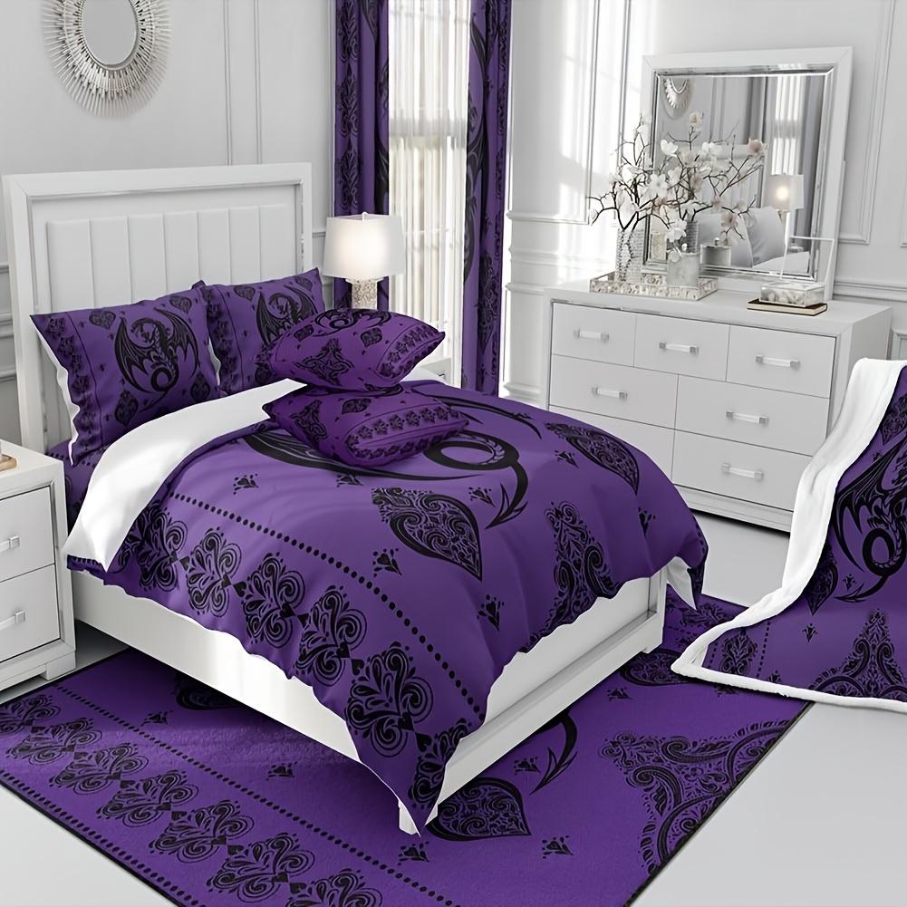 3pcs Purple Black Dragon Comforter Set Queen Size Vintage Boho Floral Print Bedding Set Paisley Pattern Quilt Set