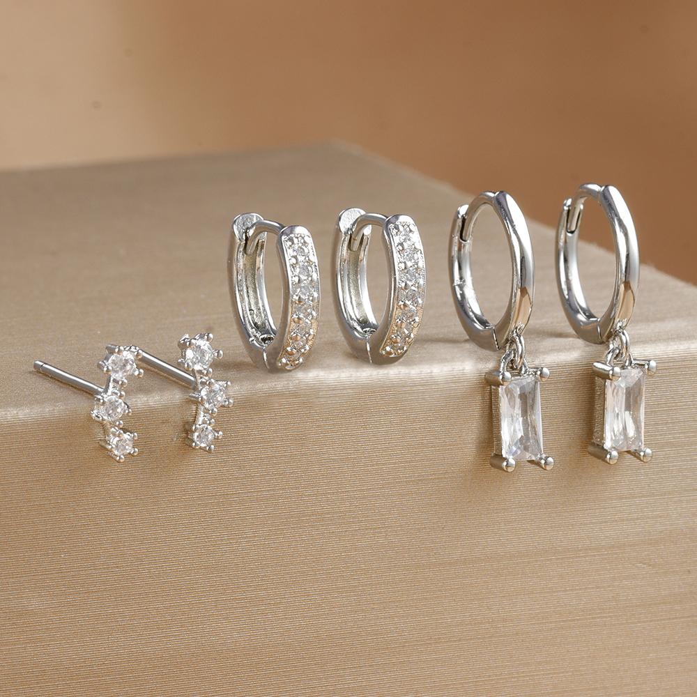 3 Pairs New Design Cubic Zirconia Square Hanging Earrings Set for Women Stainless Steel Huggies Dangle Earring Piercing Jewelry