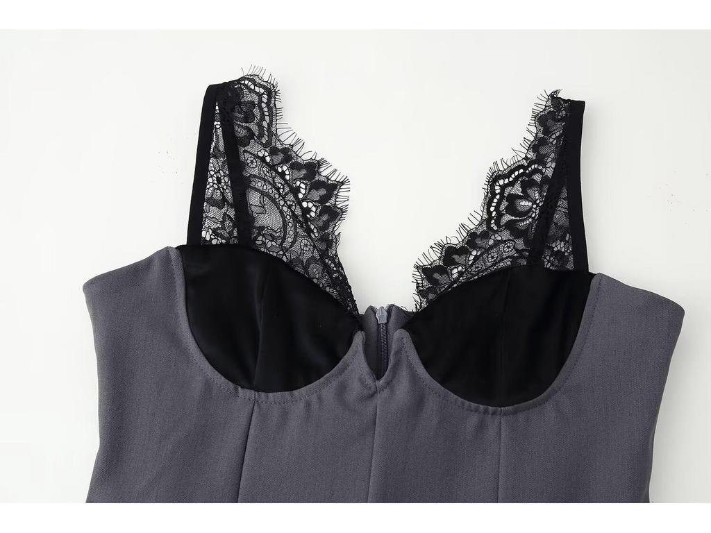 2026 European & American Style Sexy Eyelash Lace Deep V-Neck Slimming Camisole Dress