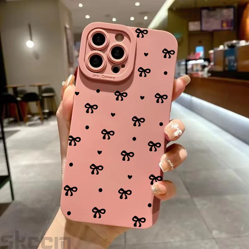 Черный чехол с узором в виде банта для iPhone 16 15 14 11 Pro Max 12 13 Mini XS XR X 8 7 16 Plus Противоударный чехол-бампер из мягкого силикона