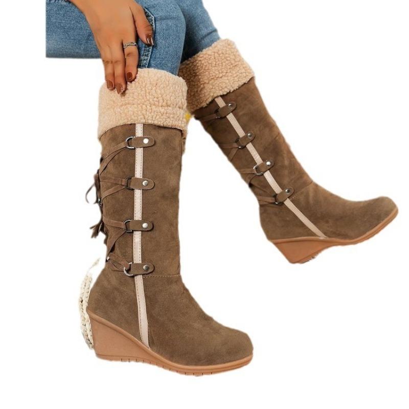 Зимние новые бархатные утолщенные сноубутсы на толстой подошве для женщин, большой размер, теплая махровая подкладка, высокие сапоги, хлопковая обувь для женщин