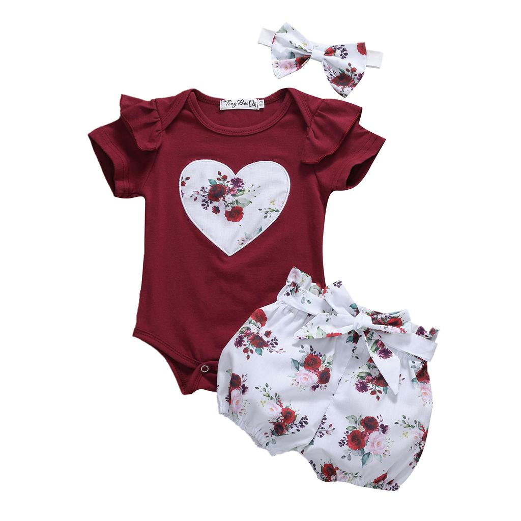 Newborn Girls Short Pants Outfits, Ruffles Heart Romper + Flowers Printed Shorts + Bowknot Headband Sets