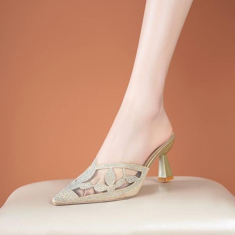 Женские мюли-тапочки и женские сандалии со стразами, шлепанцы с острым носком, черные туфли на каблуке, лето 2025, акционная распродажа, нескользящие